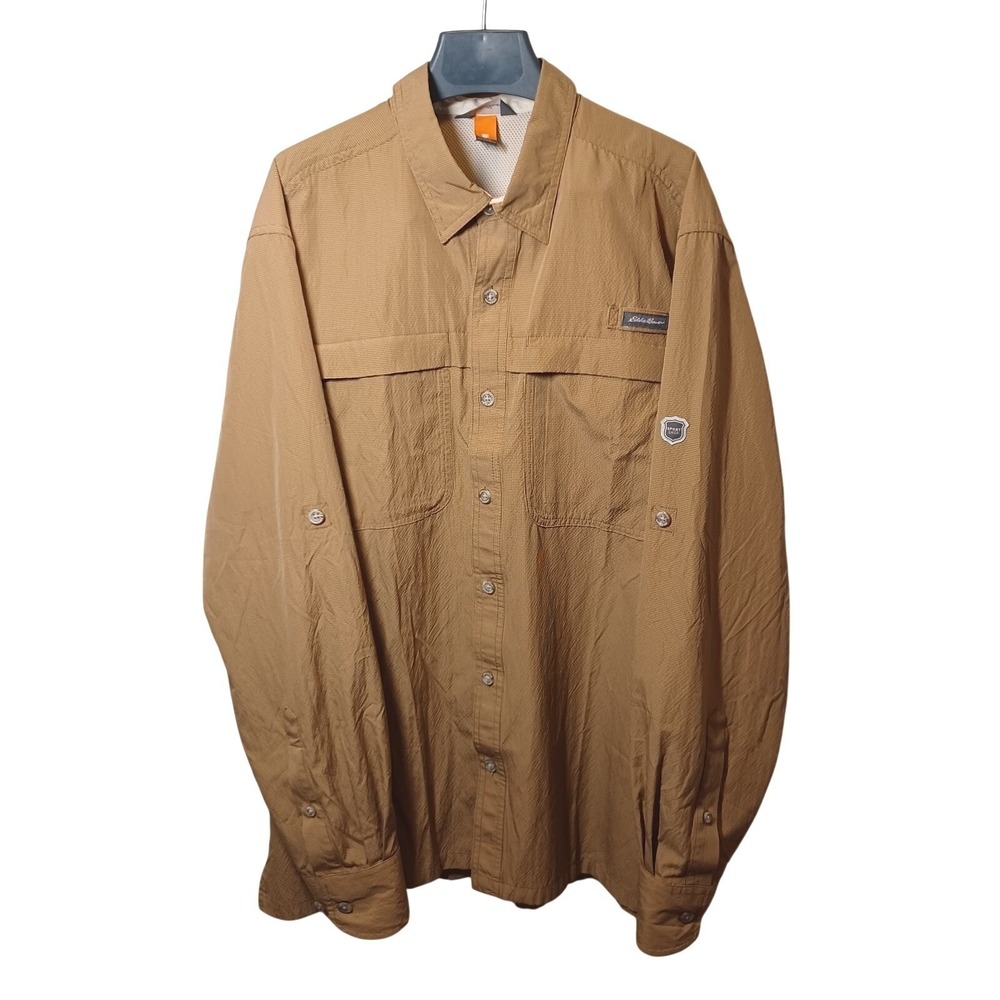 Eddie Bauer Sport Shop Mens L Tan Fishing Shirt L/S Ventilated Mesh Utility